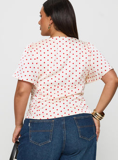 back view of model wearing Princess Polly Adrienna Flutter Blouse White / Red Curve Short Sleeves V-Neck 