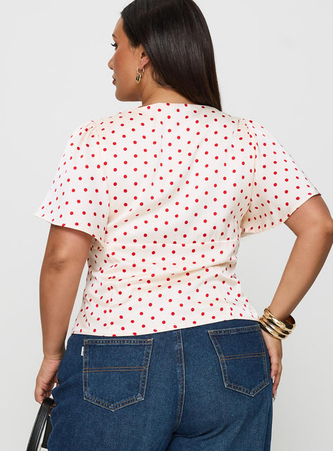 back view of model wearing Princess Polly Adrienna Flutter Blouse White / Red Curve Short Sleeves V-Neck 