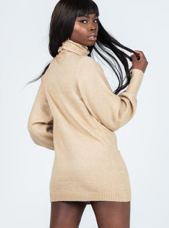 back view of model wearing Princess Polly Zahara Mini Dress Beige Petite High Neck 