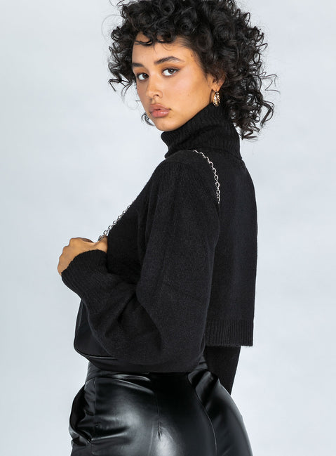back view of model wearing Princess Polly Zahara Cropped Turtleneck Sweater Black Petite Cropped 