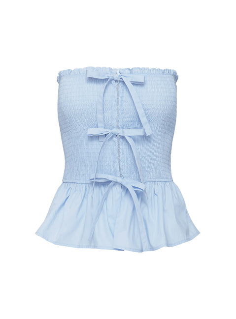 back view of model wearing Princess Polly Jaymie Strapless Bow Top Blue Sleeveless straight 