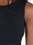 Front view of model wearing  front Princess Polly Sleeveless Crew Neck  Escoda Top Black