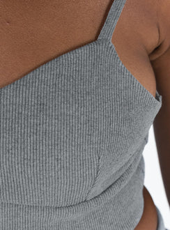 Grey matching set Crop top Adjustable shoulder straps Sweetheart neckline Bike shorts Thick elasticated waistband Good stretch Unlined