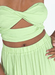 Green matching set Crop top Removable shoulder straps  Inner silicone strip at bust  Twisted bust  Shirred back  Zip fastening  High waisted midi skirt  Elasticated waistband  Layered design 