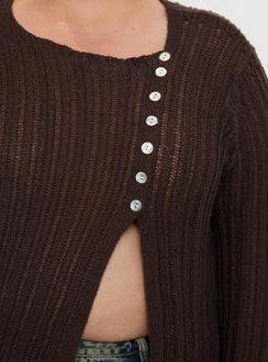 back view of model wearing Princess Polly Lenker Knit Jumper Brown Curve Long 