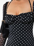 Front view of model wearing  front Princess Polly Square Neck  Dyer Mini Dress Black / Polka Dot