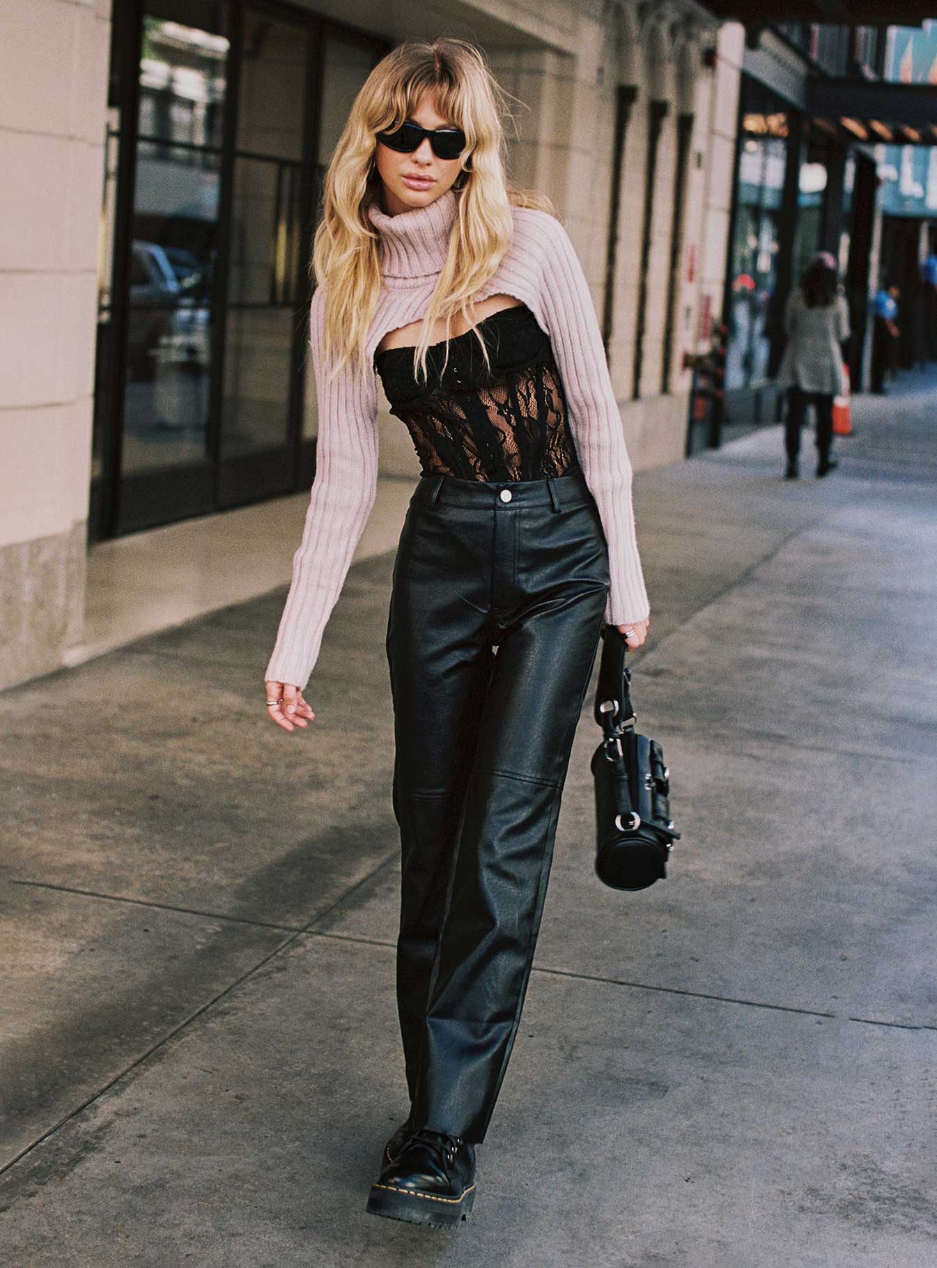 side view of model wearing Princess Polly Macey Pants Black Tall High Waisted Pants 