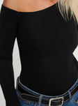 back view of model wearing Princess Polly Miyako Long Sleeve Bodysuit Black Full Sleeves Asymmetric Neckline 