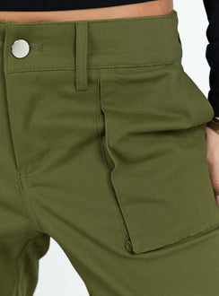 Front view of model wearing  front Princess Polly  Mawson Bootleg Cargo Pant Green