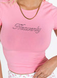 Front view of model wearing  front Princess Polly Short Sleeves High Neck  Heavenly Tee Pink