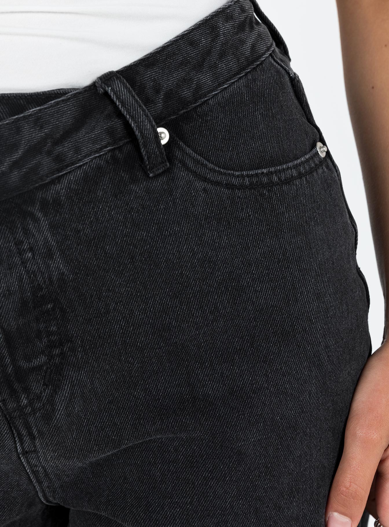 Front view of model wearing  front Xena Long Denim Shorts Black Princess Polly High Waisted Shorts 