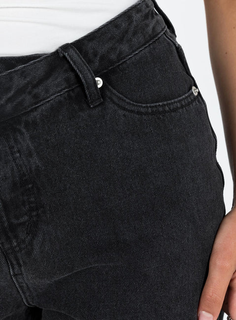 Front view of model wearing  front Xena Long Denim Shorts Black Princess Polly High Waisted Shorts 