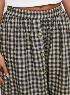 back view of model wearing Princess Polly Cartmel Check Maxi Skirt Black / Cream Maxi 