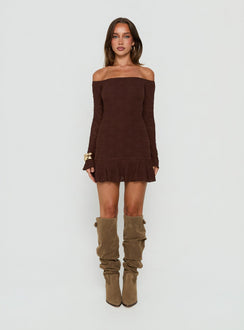 Vancesca schulterfreies Mini-Kleid mit langen Ärmeln, Chocolate