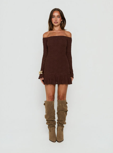 Vancesca schulterfreies Mini-Kleid mit langen Ärmeln, Chocolate