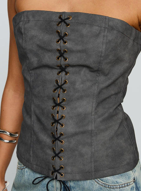 back view of model wearing Princess Polly Soft Spoken Strapless Tie Up Top Black Sleeveless straight 