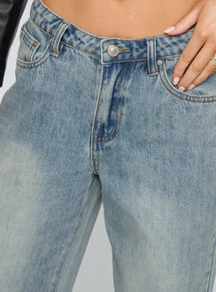 back view of model wearing Princess Polly Echo Park Jeans Vintage Wash Jean Mid Rise 