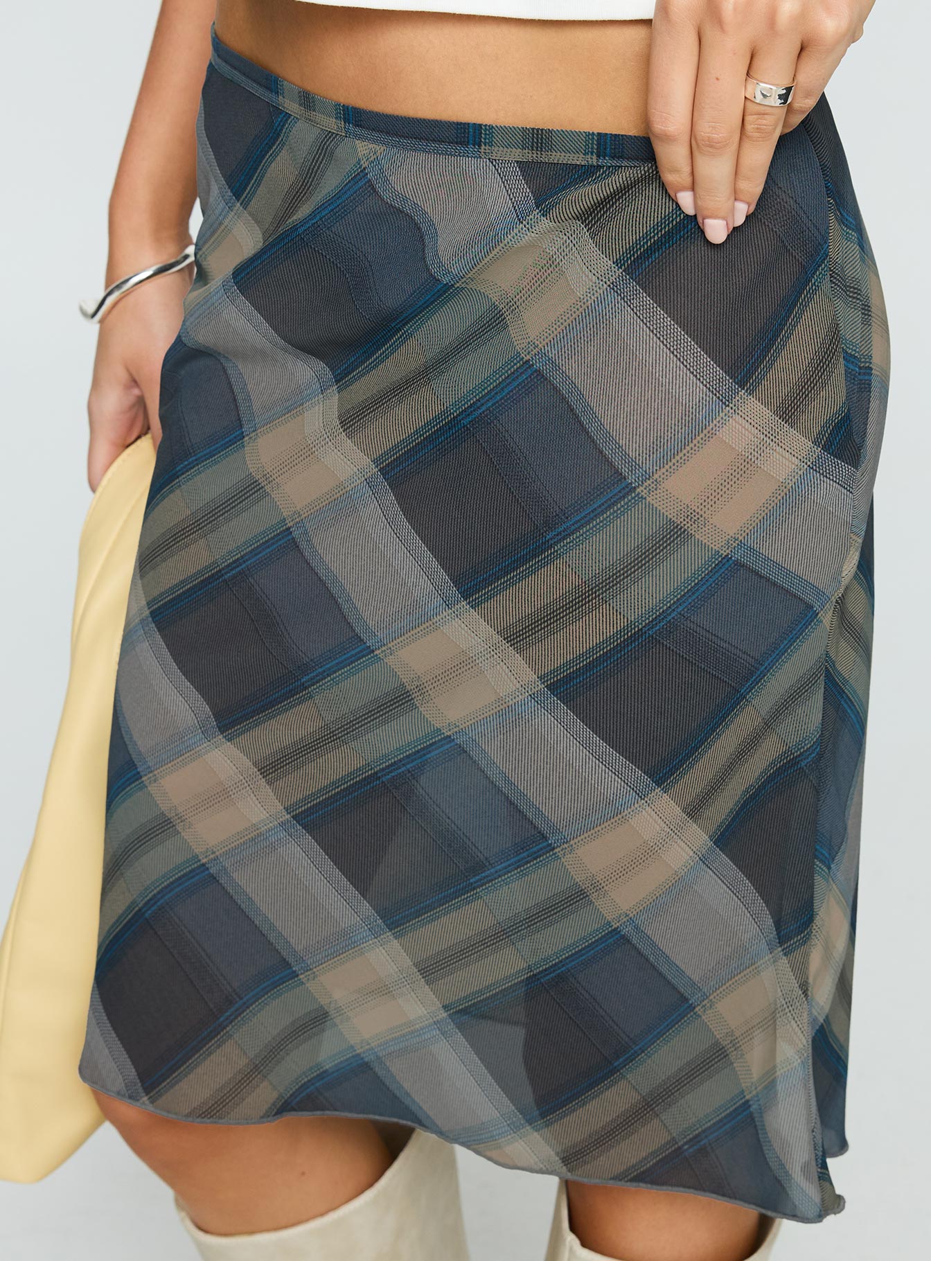   side view of model wearing Princess Polly Shoreline Midi Skirt Blue Check 