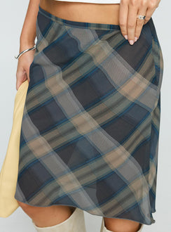   side view of model wearing Princess Polly Shoreline Midi Skirt Blue Check 
