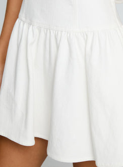side view of model wearing Princess Polly Faela Tie Back Mini Dress White Crew Neck 