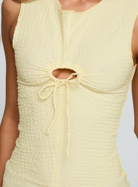 back view of model wearing Princess Polly Souls Intertwine Cut Out Top Yellow Sleeveless Crew Neck 