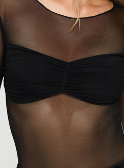 back view of model wearing Princess Polly Duet Bodysuit Black Full Sleeves Crew Neck 