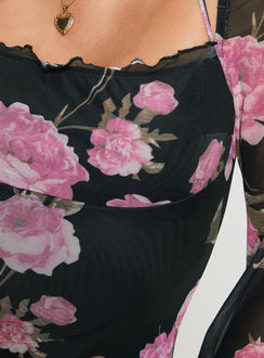 product Princess Polly Bilbao Long Sleeve Mini Dress Black / Floral Square Neck 