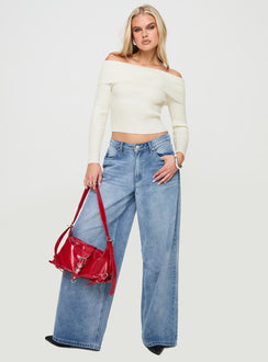 front view of model wearing Princess Polly Infinity Off The Shoulder Top Cream Full Sleeves straight 