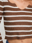 Brown and white Long sleeve top Knit material, striped print, scooped neckline