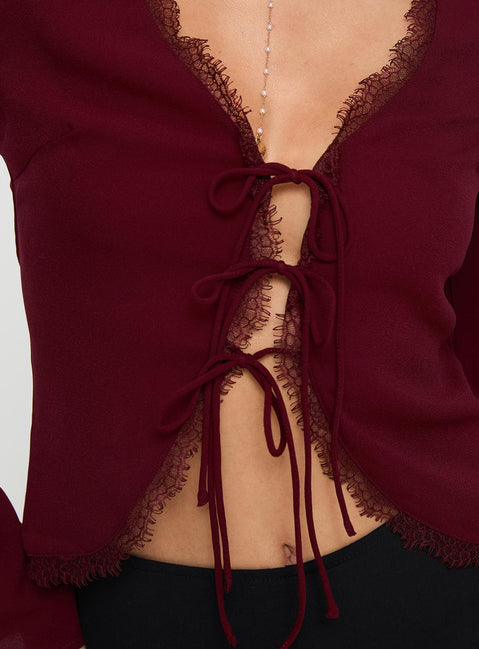 back view of model wearing Princess Polly Hagner Long Sleeve Top Burgundy Full Sleeves V-Neck 