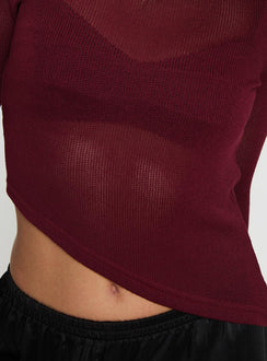 back view of model wearing Princess Polly Pratt Long Sleeve Top Burgundy Full Sleeves High Neck 