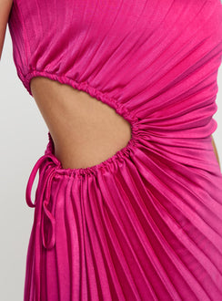back view of model wearing Princess Polly Celestina One Shoulder Mini Dress Pink Asymmetric Neckline 