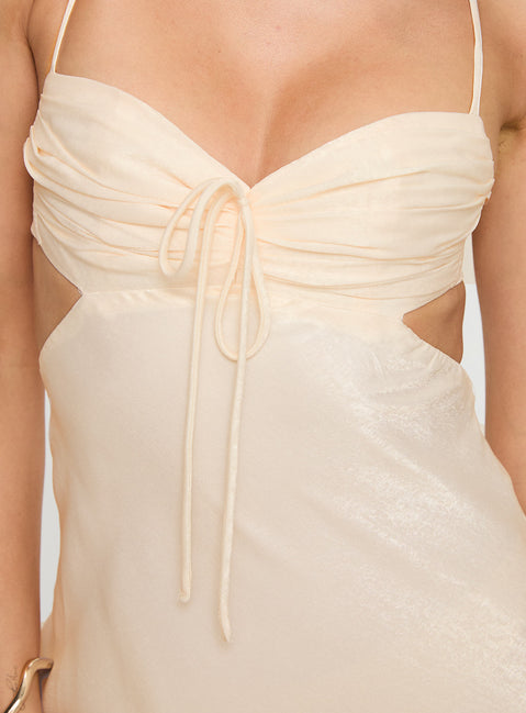 back view of model wearing Princess Polly Durand Maxi Dress Cream Sweetheart Neckline 