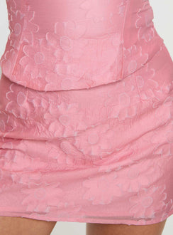 Pink Two piece set Crop top, elasticated shoulder strap, square neckline, zip fastening at back High rise mini skirt, invisible zip fastening at side