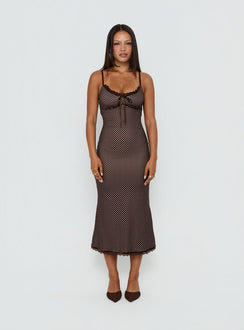 Delaney V Neck Frill Midi Dress Brown / Pink Polka Dot