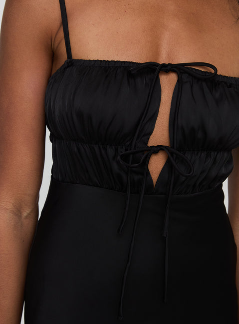 back view of model wearing Princess Polly Jaquelin Maxi Dress Black Square Neck 