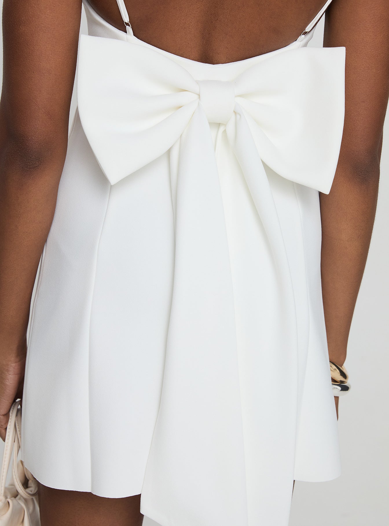 front view of model wearing Princess Polly Bow Me Up Mini Dress White Scoop Neck 