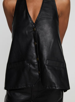 back view of model wearing Princess Polly Hills Halter Onyx Sleeveless V-Neck 