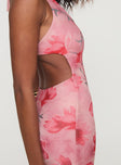 Maxi dress Floral print, halter style, low open back with tie fastening Good stretch, fully lined 