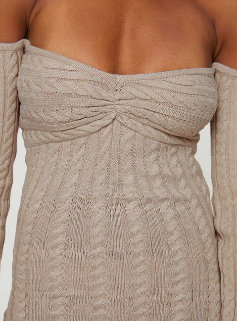 back view of model wearing Princess Polly Bayard Off The Shoulder Knit Mini Dress Beige Straight Neck 