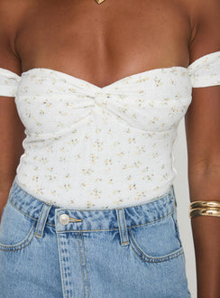 back view of model wearing Princess Polly Ezrah Bodysuit White Floral Short Sleeves Sweetheart 