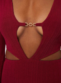 front view of model wearing Princess Polly Everton Maxi Dress Burgundy Plunger 