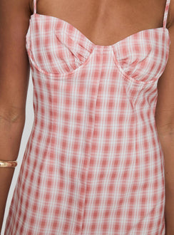 back view of model wearing Princess Polly Poto Mini Dress Pink Check Sweetheart Neckline 