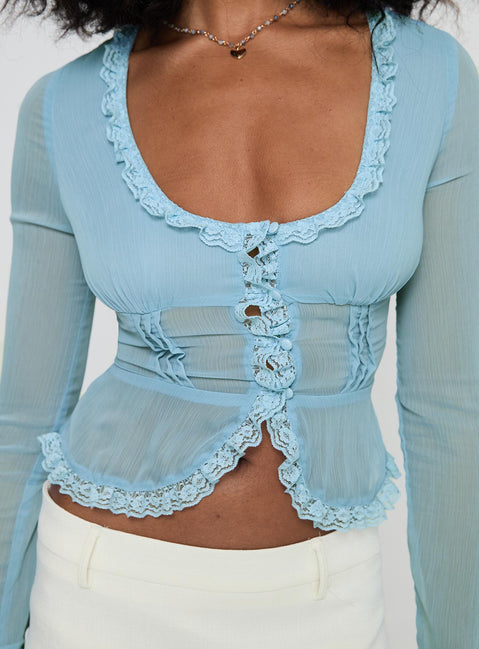 back view of model wearing Princess Polly Guillet Long Sleeve Top Blue Full Sleeves Scoop Neck 