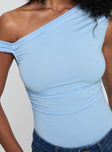 back view of model wearing Princess Polly Beller Bodysuit Blue Sleeveless Asymmetric Neckline 