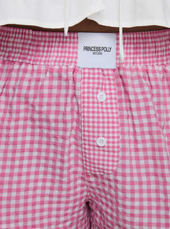 back view of model wearing Princess Polly Back To It Boxer Shorts Pink Gingham High Waisted Shorts 