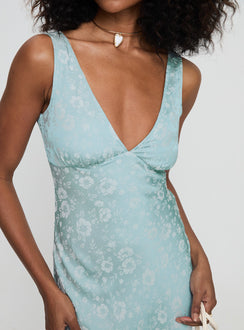 back view of model wearing Princess Polly Nell Jacquard Maxi Dress Blue V-Neck 