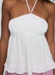 back view of model wearing Princess Polly Be Your Girl Strapless Top White Sleeveless Asymmetric Neckline 