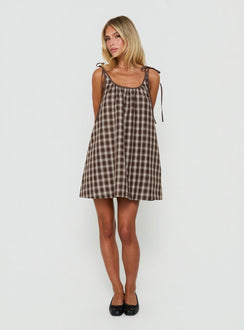 Lucka Babydoll Tie Mini Dress Brown Check