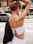 Blue and white One shoulder striped top Adjustable shoulder straps, tie fastening at back, pointed hem